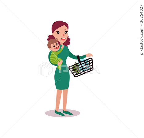Mother carrying a shopping basket in one arm and Mother carrying a shopping basket in one arm and 36254027