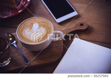 coffee cup on wood table and Blank paper for idea 36257993