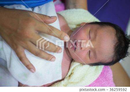 The newborn sleeps in his mother's lap happily The newborn sleeps in his mother's lap happily 36259592