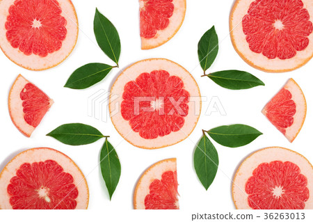Grapefruit slices with leaves isolated on white Grapefruit slices with leaves isolated on white 36263013