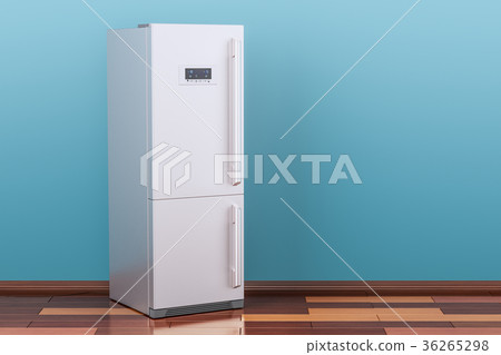 Modern fridge in room on the wooden floor Modern fridge in room on the wooden floor 36265298