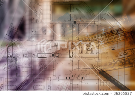 Real estate concept, double expo blueprint and Real estate concept, double expo blueprint and 36265827