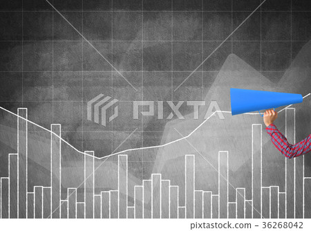 Hand of woman holding blue paper trumpet against graphs background 36268042