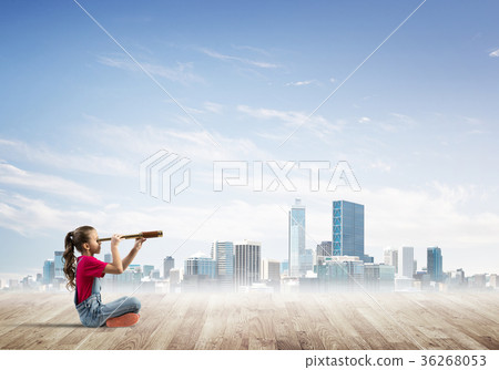 Concept of careless happy childhood with girl dreaming about future 36268053
