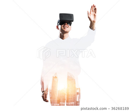 Guy wearing checked shirt and virtual mask stretching hand to touch something Guy wearing checked shirt and virtual mask stretching hand to touch something 36268189