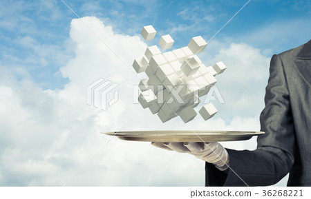 Hand of waiter presenting cubes on tray. 36268221