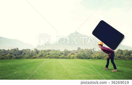 Builder man carry huge smartphone Builder man carry huge smartphone 36269019