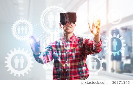 Guy wearing checked shirt and virtual mask demonstrating some emotions 36271545