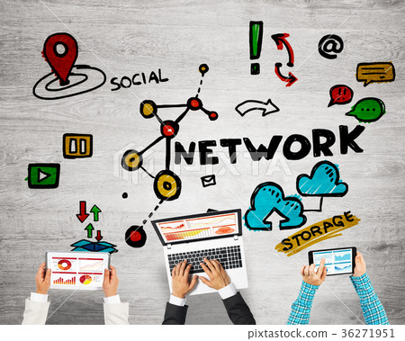 Top view of businesspeople sitting at table and using gadgets 36271951