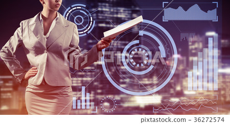 Digital background with infographs and lady extending papers or 36272574