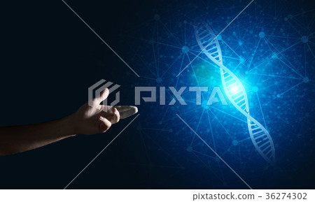 Science medicine and technology concepts as DNA molecule on dark background with connection lines Science medicine and technology concepts as DNA molecule on dark background with connection lines 36274302