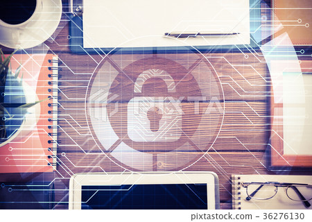 Business workplace with tablet pc and security concept Business workplace with tablet pc and security concept 36276130
