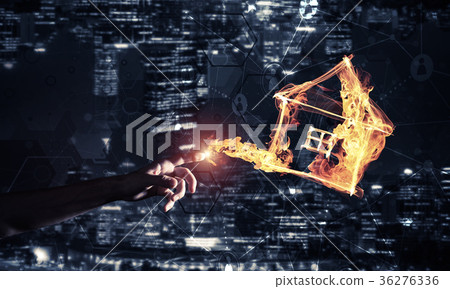 Burning fire house icon against night city background Burning fire house icon against night city background 36276336