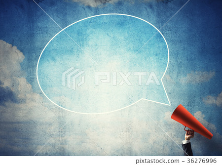 Hand of businesswoman holding red paper trumpet and speech cloud Hand of businesswoman holding red paper trumpet and speech cloud 36276996