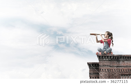 Concept of careless happy childhood with girl exploring this wor Concept of careless happy childhood with girl exploring this wor 36277115