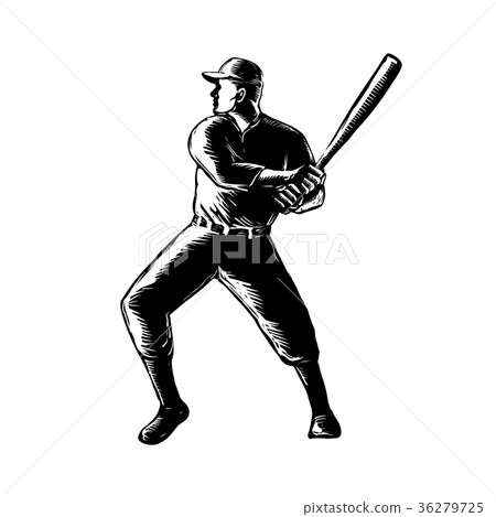 Baseball Player Batting Woodcut Black and White 36279725