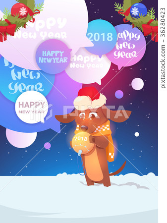 Dog In Santa Hat Over Chat Bubble with Happy New 36280423