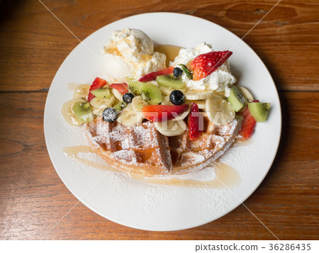 Mixed fruits waffle with ice cream 36286435