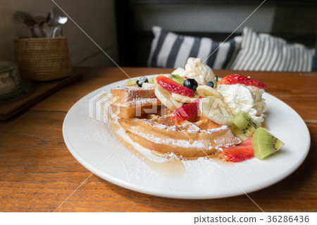 Mixed fruits waffle with ice cream 36286436