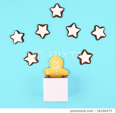 Christmas composition with gingerbread man in a pink box. Christmas composition with gingerbread man in a pink box. 36286475