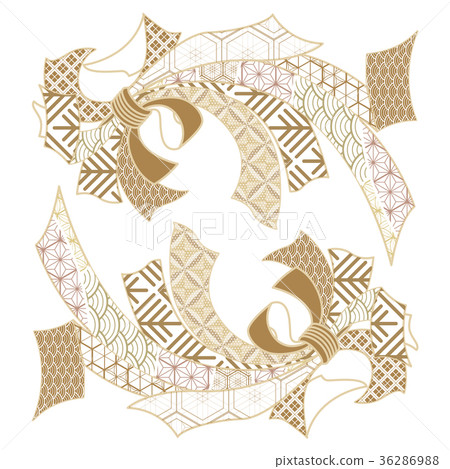 Ribbon decoration elements in Japanese style. Gold 36286988