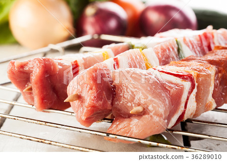 Raw shashlik on grill 36289010