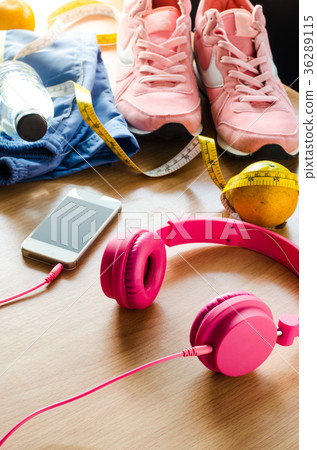 fitness concept with Exercise Equipment on wooden fitness concept with Exercise Equipment on wooden 36289115