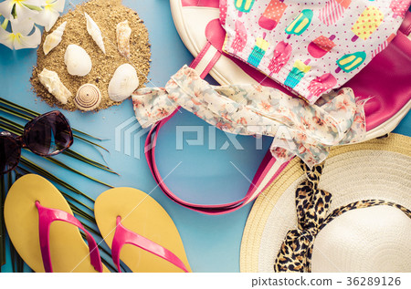 Summer accessories on blue background 36289126