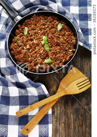 bolognese ragout in skillet, top view 36289373