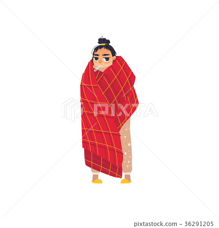 Woman having flu, fever with thermometer in mouth 36291205