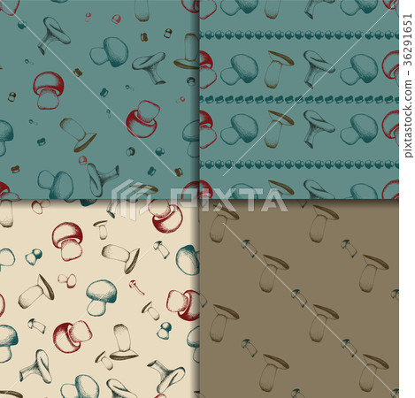 Hand drawn seamless pattern set with mushrooms. Hand drawn seamless pattern set with mushrooms. 36291651