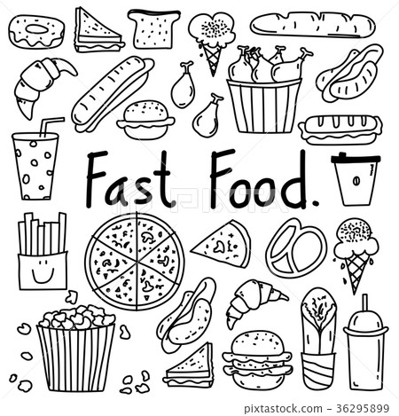 Line Hand Drawn Doodle Vector Fast Food Set. Line Hand Drawn Doodle Vector Fast Food Set. 36295899