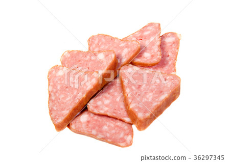 Salami smoked sausage slices isolated on white Salami smoked sausage slices isolated on white 36297345