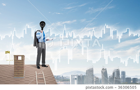 Concept of home security and privacy protection with camera headed man Concept of home security and privacy protection with camera headed man 36306505