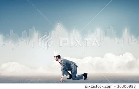 King businessman in elegant suit running and blue cityscape silh 36306988