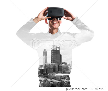 Guy wearing checked shirt and virtual mask demonstrating some emotions Guy wearing checked shirt and virtual mask demonstrating some emotions 36307450