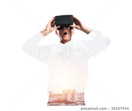 Guy wearing checked shirt and virtual mask demonstrating shock or surprise Guy wearing checked shirt and virtual mask demonstrating shock or surprise 36307454