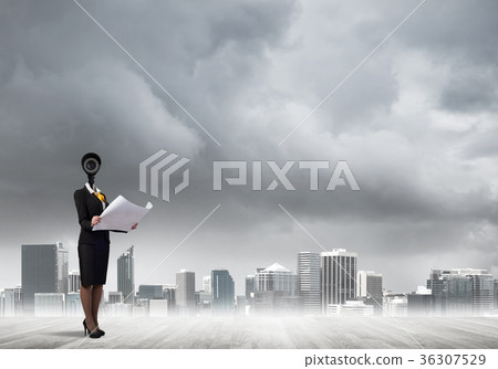 Concept of security and privacy protection with camera headed woman Concept of security and privacy protection with camera headed woman 36307529