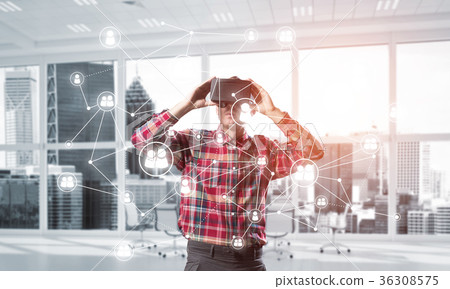 Guy wearing checked shirt and virtual mask demonstrating some emotions Guy wearing checked shirt and virtual mask demonstrating some emotions 36308575