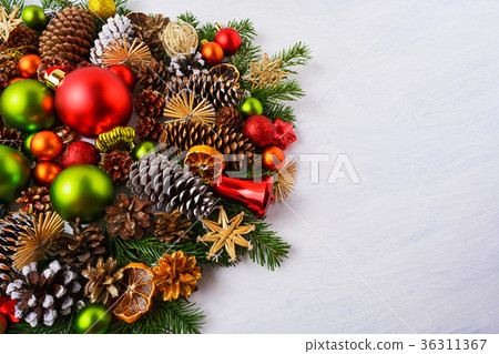 Christmas arrangement red green baubles straw star Christmas arrangement red green baubles straw star 36311367