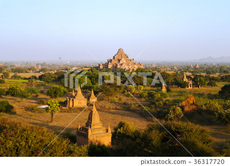 Aerial view to Bagan at sunset Myanmar Aerial view to Bagan at sunset Myanmar 36317720