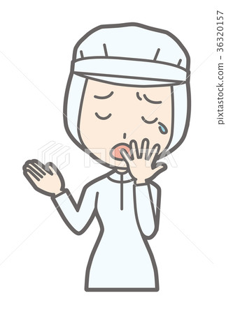 一件白色衛生衣服的一名女工打呵欠 36320157