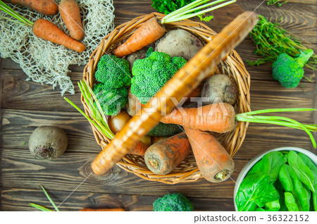Top view Straw Basket with garden Vegetables Top view Straw Basket with garden Vegetables 36322152