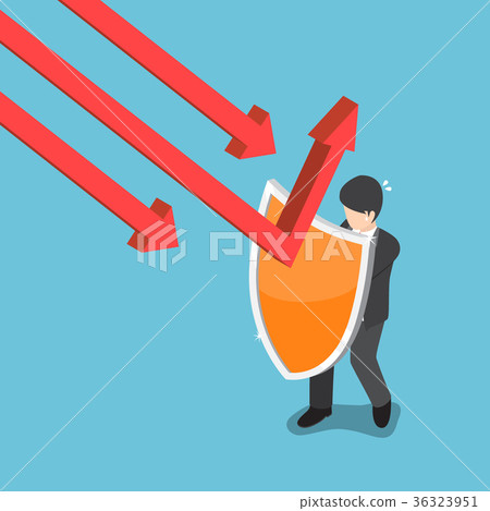 Businessman use shield to protect falling graph. 36323951