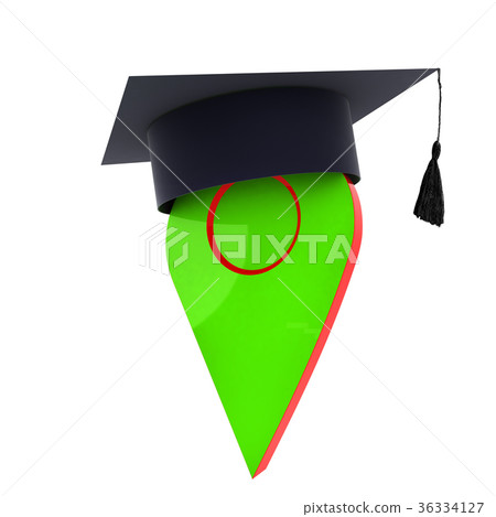 Geo pin with graduation hat on white. Geo pin with graduation hat on white. 36334127