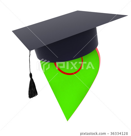 Geo pin with graduation hat on white. Geo pin with graduation hat on white. 36334128