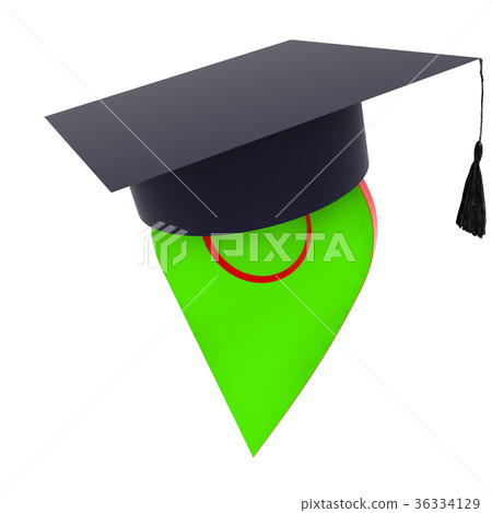 Geo pin with graduation hat on white.  36334129
