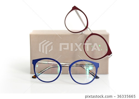 Multicolored fashionable glasses with box on white Multicolored fashionable glasses with box on white 36335665