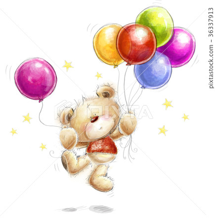 Teddy bear with the colorful balloons and stars. Teddy bear with the colorful balloons and stars. 36337913