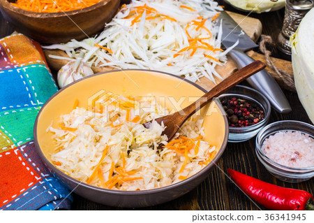 Vegetarian food. Salad from cabbage and carrots Vegetarian food. Salad from cabbage and carrots 36341945